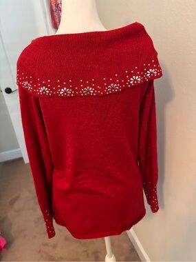 Red Off-Shoulder Beaded Women's Sweater